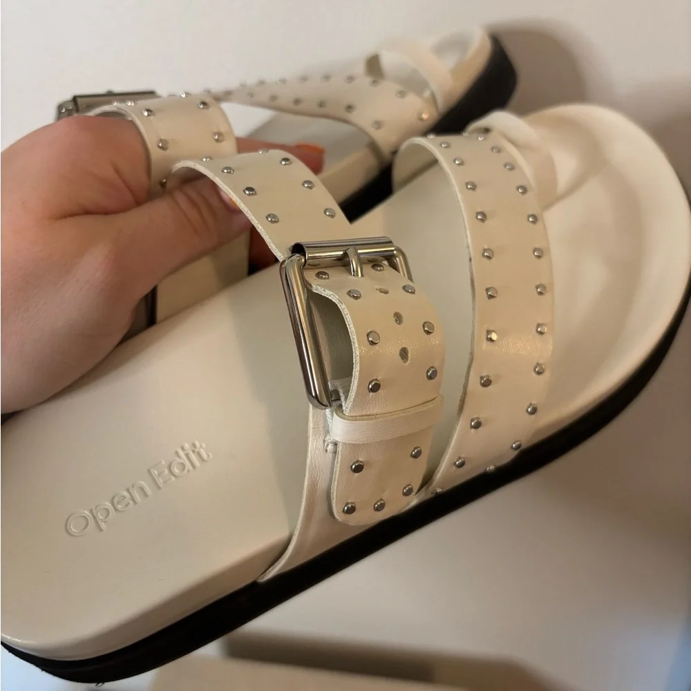 Studded Cream Toe-Loop Slide Sandal